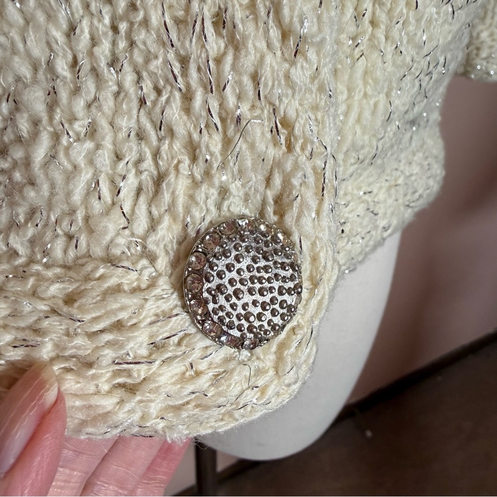 Vintage 1940 50 Retro Deco Cream wool Silver Metallic Cardigan sweater Jacket - Picture 17 of 17